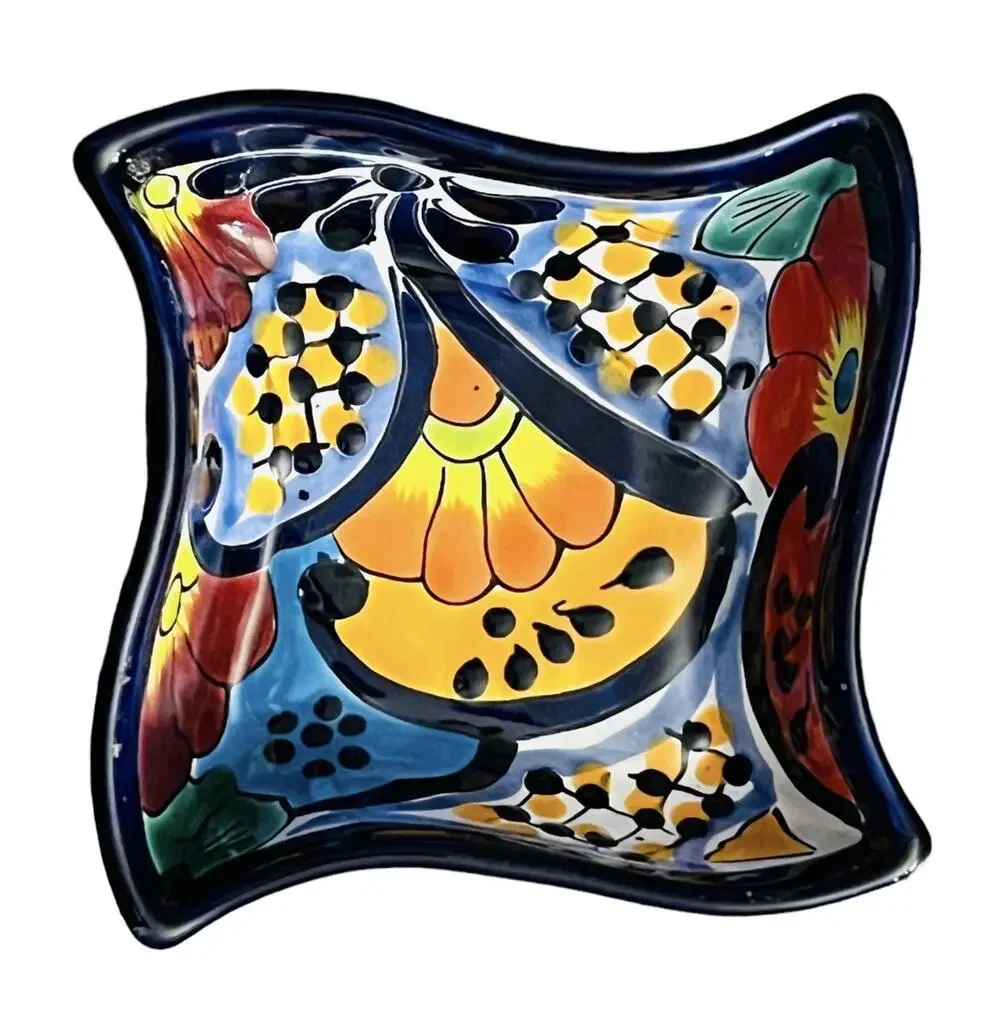 Talavera Enchanted Mexican Pottery Square Blue Floral Small Wavy 7” inch